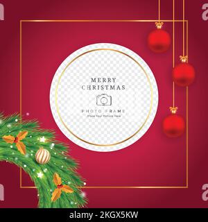 Christmas photo frame design with red and golden color decorative balls. Christmas photo frame design with golden leaves and green color wreaths. Chri Stock Vector
