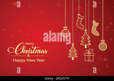 Hand drawn merry Christmas background design. Christmas background with gift, pine tree golden icon. Christmas banner with golden element icons on a r Stock Vector