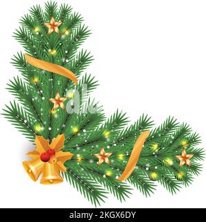 Christmas corner with star lights and jingle bells. Xmas corner with red berries and golden leaves. Christmas corner, Christmas element, golden ribbon Stock Vector