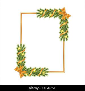 Christmas frame with green pine leaves, starlights, golden ribbon. Xmas golden frame snowflakes. Merry Christmas decoration elements with golden ribbo Stock Vector
