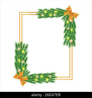 Christmas frame with golden-white balls, pine branch, golden ribbon. Xmas frame on white background. Realistic square photo frame with star lights, sn Stock Vector