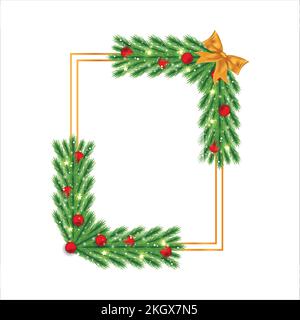 Christmas frame with pine leaves, snowflakes, red decoration ball. Xmas frame on white background. Merry Christmas decoration element with a golden ri Stock Vector