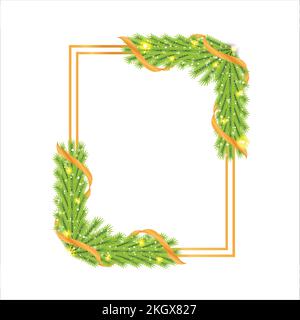 Christmas Realistic frame with green, red decoration balls, pine leaves. Xmas frame with red ribbon. Golden square photo frame with star lights and re Stock Vector