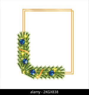 Christmas frame with blue decoration balls, pine branch, starlight. Xmas frame on white background. Realistic golden square photo frame with star ligh Stock Vector