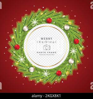 Christmas photo frame with a green wreath and snowflakes. Xmas photo frame on a red background. Merry Christmas frame with red and white decoration ba Stock Vector