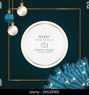 Christmas photo frame with white and blue decoration ball. Xmas photo frame on dark background. Merry Christmas photo frame with star-shaped lights an Stock Vector