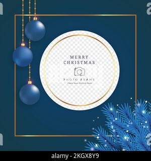 Christmas photo frame with blue decoration ball and blue leaves. Xmas photo frame on dark background. Merry Christmas photo frame element with glowing Stock Vector