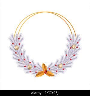 Christmas frame with golden decoration ball and red berries. Xmas golden frame on a white background. Christmas ball, Xmas frame, golden leaves, round Stock Vector