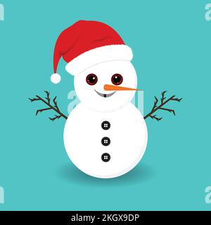 Christmas snowman with cute eyes and carrot nose. Snowman on a blue background. Christmas elements. Christmas cute snowman design with tree branches, Stock Vector