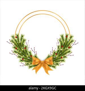 Christmas frame with red berries and golden ribbon. Xmas frame with snowflakes on a white background. Christmas ball, Xmas frame, golden ribbon, round Stock Vector