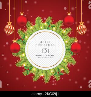 Christmas photo frame with green leaf and decoration balls. photo frame elements on a red background. Holiday photo frame design with snowflakes, red Stock Vector
