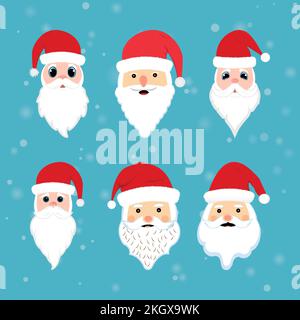 Christmas Santa faces element with cute eyes. Santa faces collection on a snow falling background. Christmas Santa Claus face sticker collection with Stock Vector