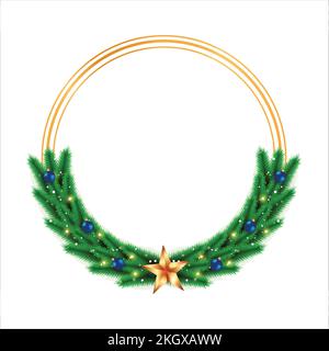 Christmas frame with blue decoration ball and star lights. Christmas frame with green pine branches. Xmas ball, Xmas frame, round frame, green pine le Stock Vector