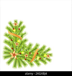 Christmas corner with green leaves and golden stars. Xmas corner with red berries and snowflakes. Christmas green corner, Christmas element, golden ri Stock Vector