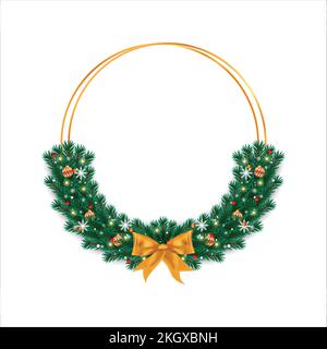 Christmas frame on a white background. Xmas frame with green leaves, gold ribbon, and red balls. Christmas red ball, Xmas frame, green leaves, snowfla Stock Vector