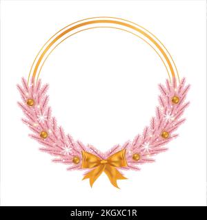 Christmas frame with pink leaves and golden decoration ball. Xmas frame with golden ribbon. Christmas ball, Xmas frame, round frame, pink pine leaves, Stock Vector