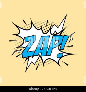 Zap comic explosion. Comic blast vector with bubble. Cartoon burst with yellow wordings and thunder. Funny explosion bubbles for cartoons with white a Stock Vector