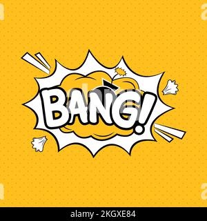 Bang comic explosion. Comic blast vector with yellow bubble. Cartoon burst with white wordings and a bomb. Funny explosion bubbles for cartoons with w Stock Vector