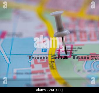 The map location for Tsim Sha Tsui, Kowloon, Hong Kong, China, marked by a white pushpin. Stock Photo