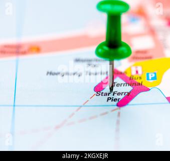 The map location for The Star Ferry pier, Hong kong, China, marked by a green pushpin. Stock Photo