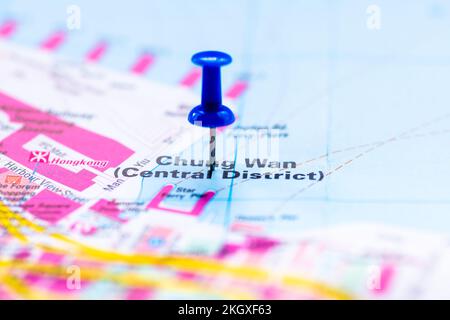 The map location of Central District on Hong kong island, China, marked by a blue pushpin. The map location of Central District on Hong kong island, China, marked by a blue pushpin.