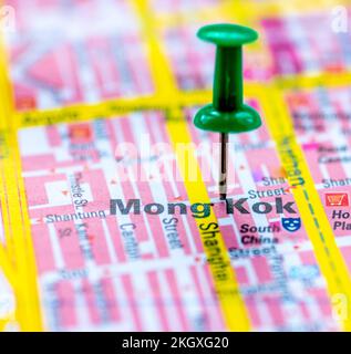 The map location for Mong Kok, Kowloon, Hong Kong, China, marked with a green pushpin. Stock Photo