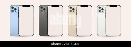 iPhone mobile set vector with colorful frames and a triple camera. Mobile phone backside and front side view with blank screens. Realistic cell phone, Stock Vector