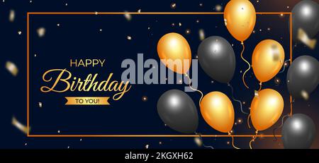 Happy birthday black background with realistic balloons. Happy birthday banner with golden confetti. Birthday celebration banner. realistic black and Stock Vector
