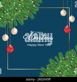 Christmas social media post dark blue background decoration balls and pine tree leaves. Realistic background design with pine leaves. Christmas wreath Stock Vector