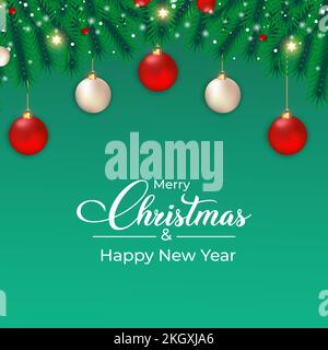 Christmas social media banner with pine leaves. Banner with leaves, white balls, red balls. Christmas card on a dark background. Christmas social medi Stock Vector