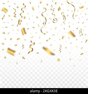 Confetti vector with golden ribbon for festival background. Confetti and ribbon falling background. Golden confetti on transparent background. Event a Stock Vector