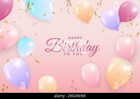 Happy birthday with pink background and gold confetti. Birthday background with colorful balloons. Happy birthday banner with pink calligraphy and blu Stock Vector