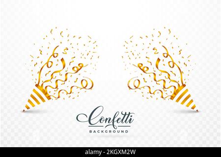Festival confetti background vector. Realistic birthday cap and confetti explosion illustration. Golden bright confetti isolated on transparent backgr Stock Vector