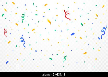 Realistic confetti background vector. Multicolor celebration confetti ribbon falling illustration. Colorful bright confetti isolated on transparent ba Stock Vector