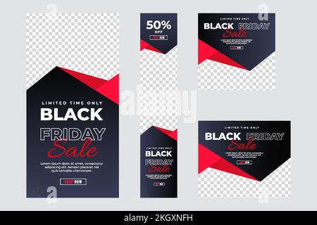 Black Friday ad banner template collection. Multi-size web banner for Black Friday. Black red banner. Abstract flyer design web template Set. Social M Stock Vector