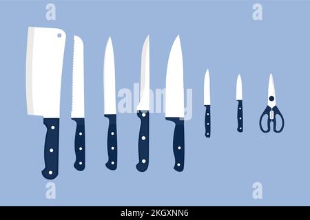 Flat vector knife collection with white and blue color. Chef knife, kitchen scissor, kitchen utensil. Meat cutting dagger, meat chopper, bread poniard Stock Vector