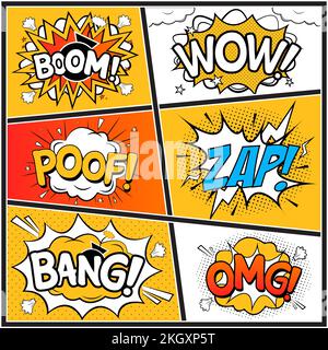Comic explosion vector with text bubbles collection. Comic burst set with colorful wordings clouds. Collection of funny explosion bubbles for comic sp Stock Vector