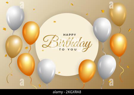 Happy birthday golden background with golden confetti. Happy Birthday with realistic balloons. Birthday celebration banner, realistic balloons, gold c Stock Vector