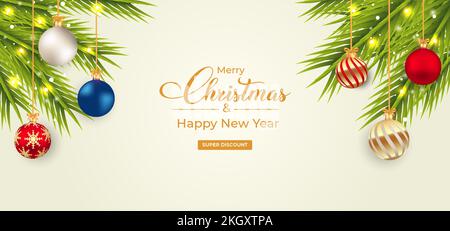 Christmas sale banner with decoration balls. Christmas template with pine leaves. Tree elements with light bulbs. Social media banner with pine tree b Stock Vector