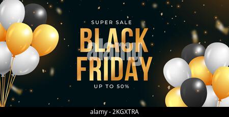 Black Friday sales banner with golden and white balloons. Black Friday social media banner with golden calligraphy. Banner with golden typography. Gol Stock Vector