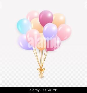 Cute colorful balloon collection. Multicolor balloon png. Birthday balloon design with golden ribbon. Blue, purple, red, yellow party balloon for birt Stock Vector