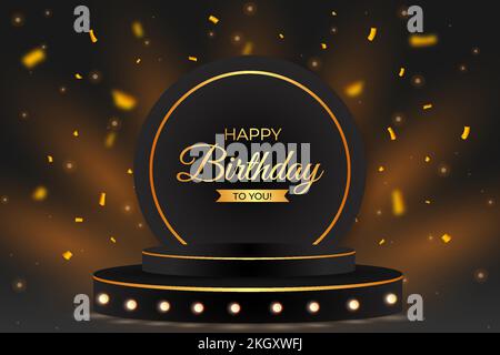 Happy birthday black background with a 3D podium. Happy birthday banner with golden confetti. Birthday celebration banner. Realistic podium, golden co Stock Vector