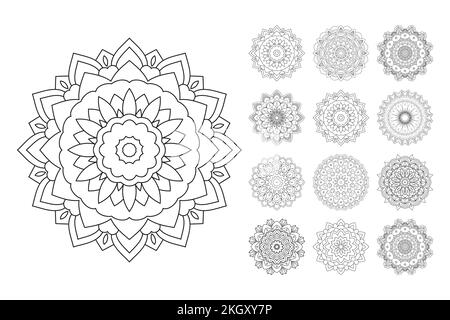 Mandala coloring page vector. Mandala line art bundle. Black and white mandala pattern. Flower pattern vector. KDP interior SVG cut file. Mandala flow Stock Vector