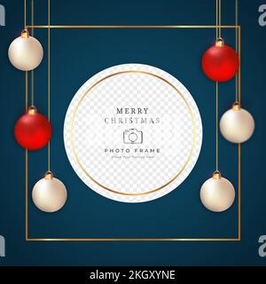 Christmas photo frame blue background and red decoration balls. 3D ball design with multiple colours on a dark blue background. 3D realistic ball desi Stock Vector