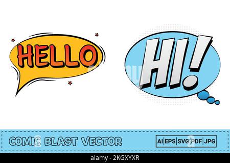 Hello comic pop-up with red and yellow color. Hi comic explosion with white and blue color. Comic burst explosion. Hello text pop-up with bubble for c Stock Vector