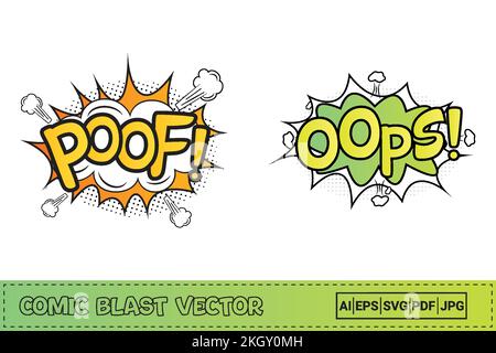 Poof comic explosion with white and yellow color. Oops, comic pop-up with light green, yellow, and white color. Comic burst with colorful Oops and Poo Stock Vector