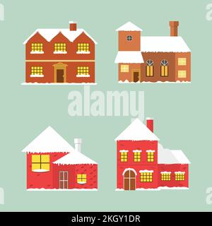 Xmas house set with vintage brick color. Christmas decorative house with fire chimney. Multicolor houses. Cute Christmas-decorated homes for backgroun Stock Vector