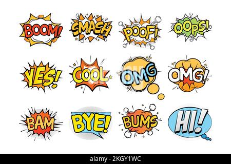 Comic explosion set. Speech bubbles set with colorful cloud vector. Comic book bubbles set. Cartoon explosions collection, funny comic speech clouds. Stock Vector