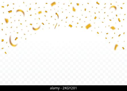 Golden confetti falling isolated on transparent background. Confetti falling illustration. Golden Ribbon falling. Anniversary and wedding celebration. Stock Vector