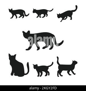 Cat Silhouette vector set with multiple shapes. Cats with different poses silhouettes. Cat vector. Cat walking and sitting. Feline collection on white Stock Vector